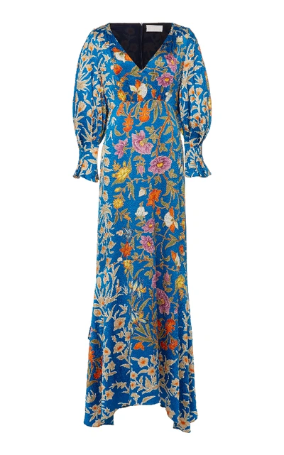 Shop Peter Pilotto Floral-print Balloon-sleeve Silk-satin Gown