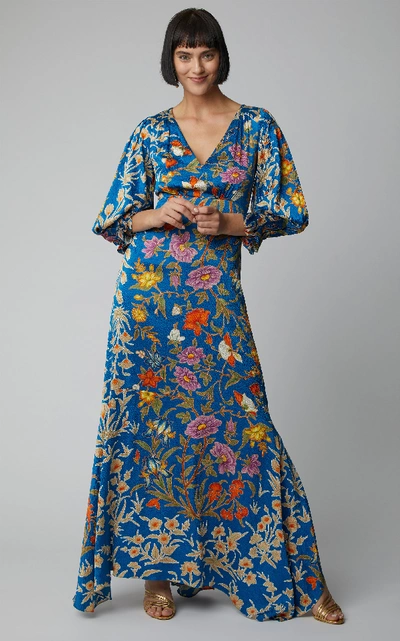 Shop Peter Pilotto Floral-print Balloon-sleeve Silk-satin Gown
