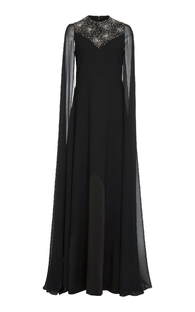 Shop Givenchy Cape-effect Embellished Wool-chiffon Gown In Black