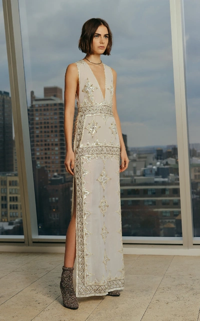 Shop Cucculelli Shaheen Pearlescent Silk Gown In White