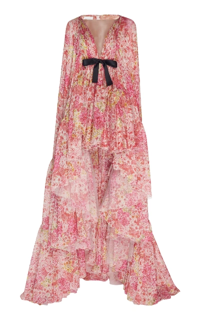 Shop Giambattista Valli Bow-embellished Floral-print Silk Chiffon Gown