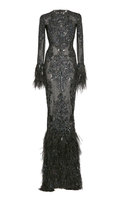Shop Zuhair Murad Beaded And Feather-trimmed Silk Gown In Black