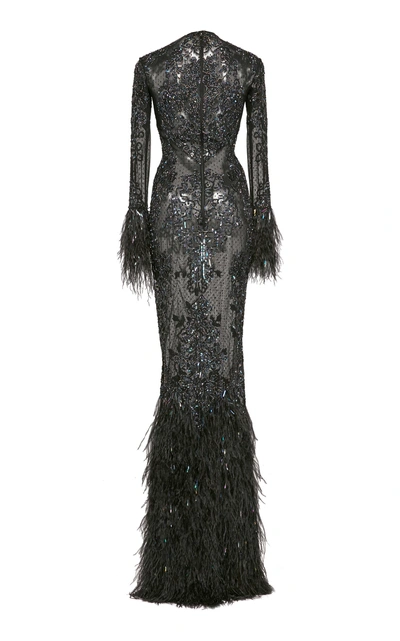 Shop Zuhair Murad Beaded And Feather-trimmed Silk Gown In Black