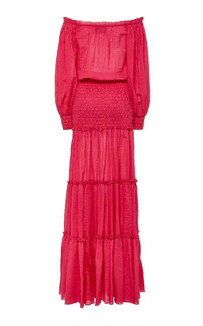 Shop Alexis Thalssa Off-the-shoulder Shirred Cotton-voile Maxi Dress In Pink