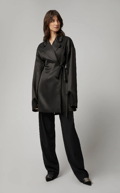 Shop Marina Moscone Waist-tie Silk-satin Jacket In Black