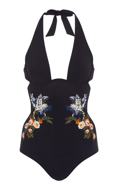 Shop Stella Mccartney Floral-embroidered Swimsuit In Navy