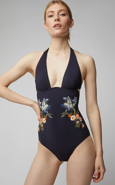 Shop Stella Mccartney Floral-embroidered Swimsuit In Navy