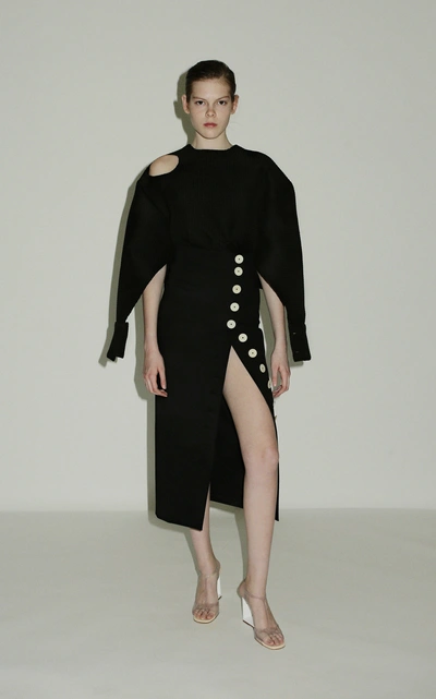 Shop A.w.a.k.e. Button-detailed Cotton-blend Midi Skirt In Black