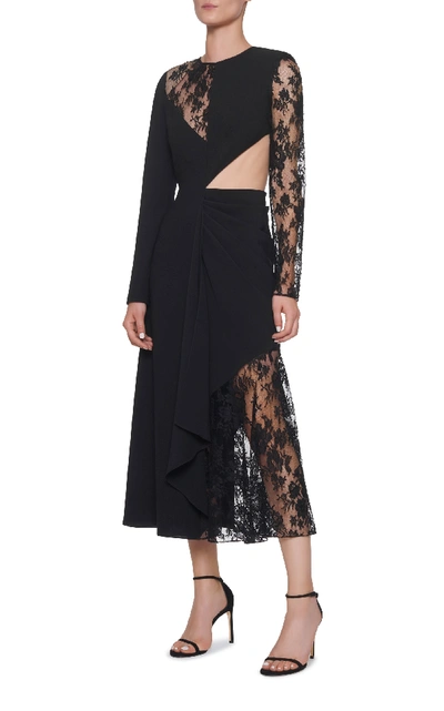 Shop Givenchy Cutout Lace-paneled Wool-crepe Midi Dress In Black