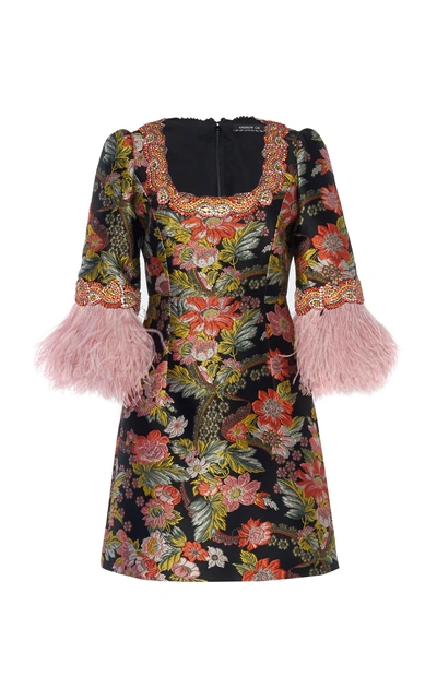 Shop Andrew Gn Feather-trimmed Floral-jacquard Mini Dress