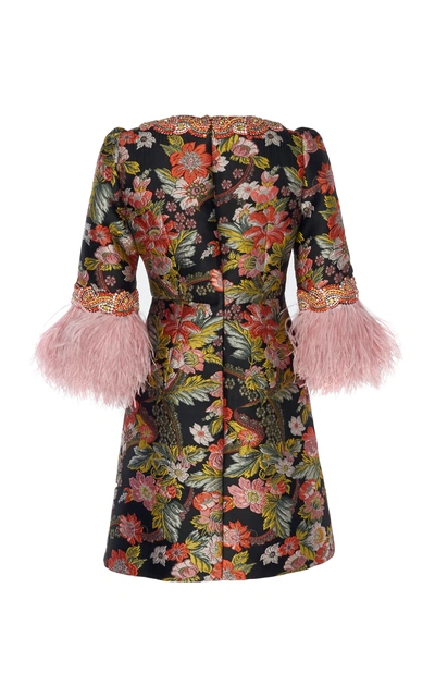 Shop Andrew Gn Feather-trimmed Floral-jacquard Mini Dress
