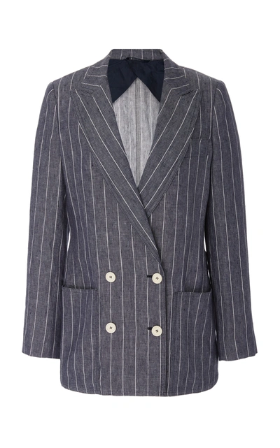 Shop Max Mara Pinstriped Linen Double-breasted Blazer In Navy