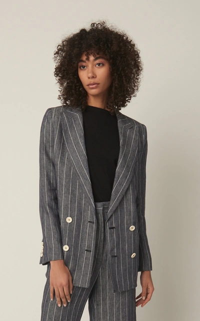 Shop Max Mara Pinstriped Linen Double-breasted Blazer In Navy