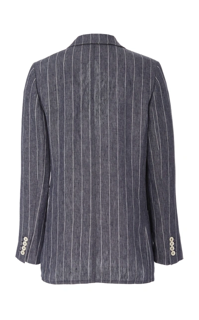 Shop Max Mara Pinstriped Linen Double-breasted Blazer In Navy