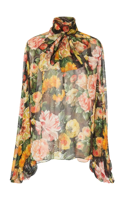 Shop Dolce & Gabbana Sheer Floral Chiffon Pussybow Blouse