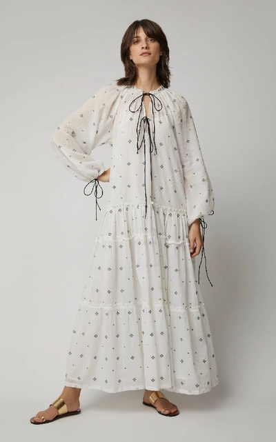 Shop Anaak Fay Tie-detailed Embroidered Cotton Maxi Dress In White