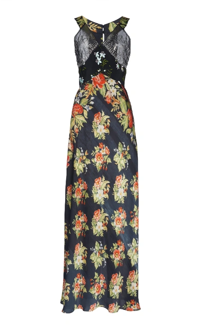 Shop Paco Rabanne Embellished Floral-print Satin Maxi Dress In Black