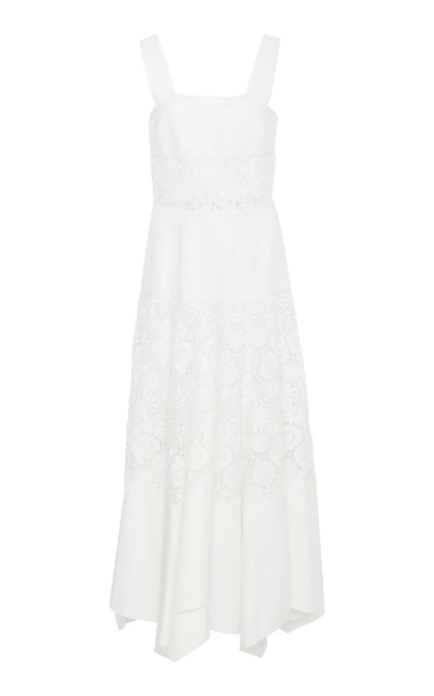 Shop Rosie Assoulin Asymmetric Guipure Lace-paneled Cotton Midi Dress In White