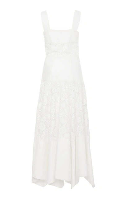 Shop Rosie Assoulin Asymmetric Guipure Lace-paneled Cotton Midi Dress In White