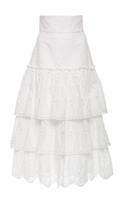 Shop Alexis Faustine Ruffled Broderie Anglaise Cotton-blend Midi Skirt In White