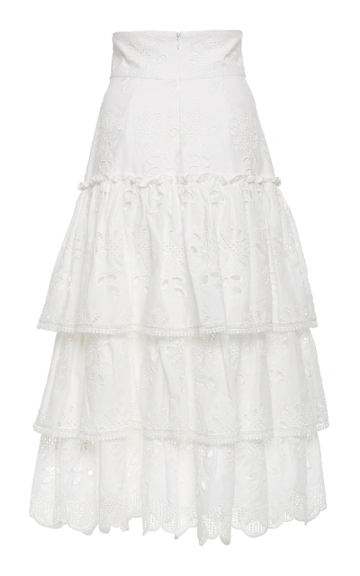 Shop Alexis Faustine Ruffled Broderie Anglaise Cotton-blend Midi Skirt In White