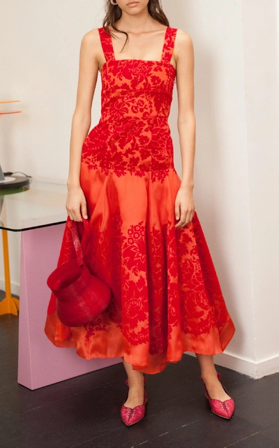 Shop Rosie Assoulin Flocked Floral Silk And Velvet Midi Dress In Red