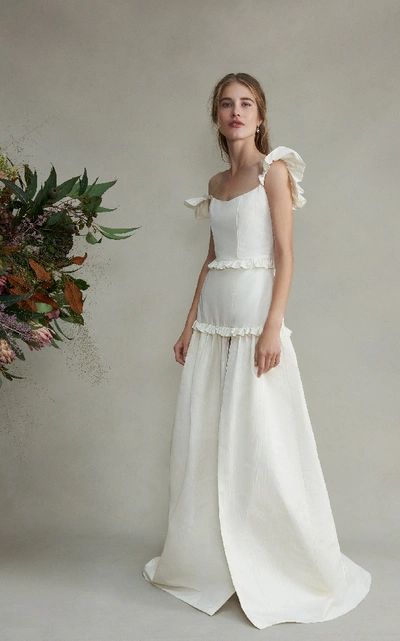 Shop Markarian Arabella Silk Ruffle Gown With Leg Slit In White