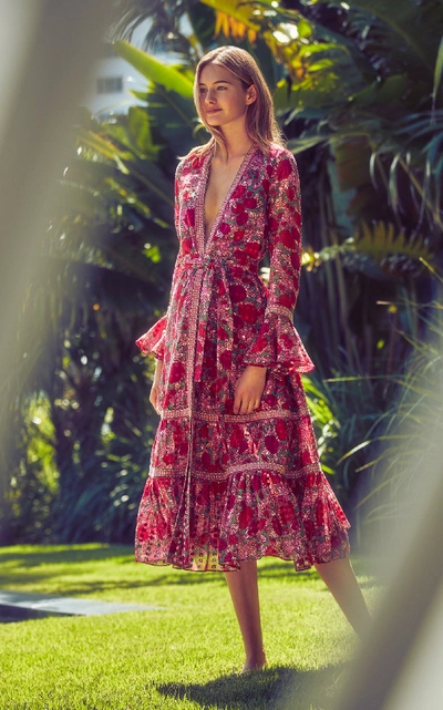 Shop Alexis Marcas Tie-front Floral-print Voile Midi Dress