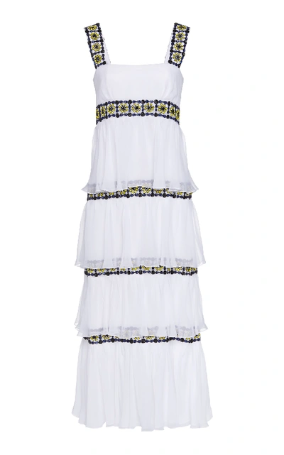 Shop Carolina Herrera Tiered Mosaic Silk Midi Dress In White