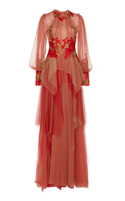Shop Costarellos Draped Floral-appliquéd Tulle Gown In Red