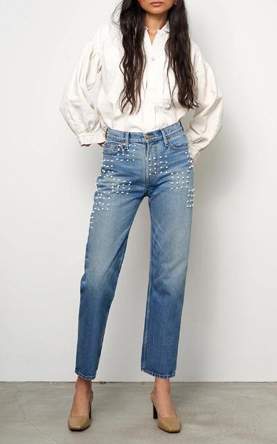 Shop B Sides Arts Embroidered Mid-rise Straight-leg Jeans In Medium Wash