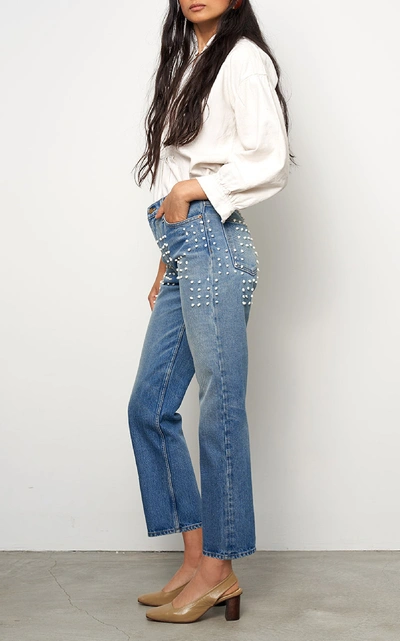 Shop B Sides Arts Embroidered Mid-rise Straight-leg Jeans In Medium Wash