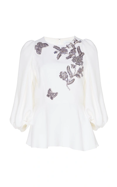 Shop Andrew Gn Butterfly Beaded Cady Peplum Blouse In White