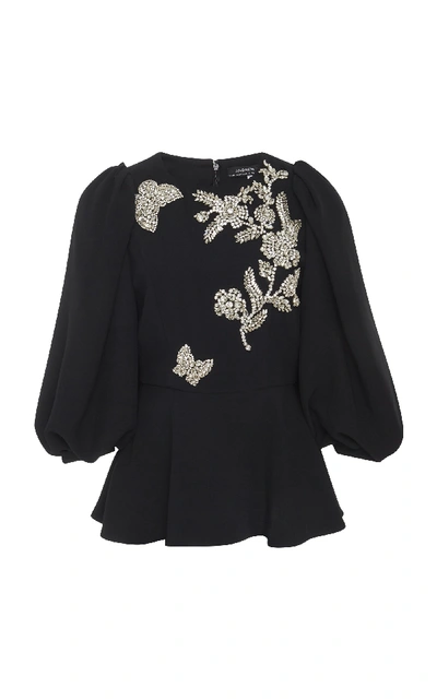Shop Andrew Gn Butterfly Beaded Cady Peplum Blouse In Black