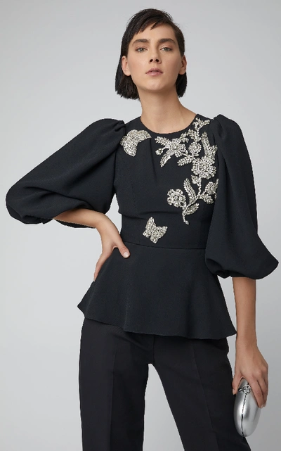 Shop Andrew Gn Butterfly Beaded Cady Peplum Blouse In Black