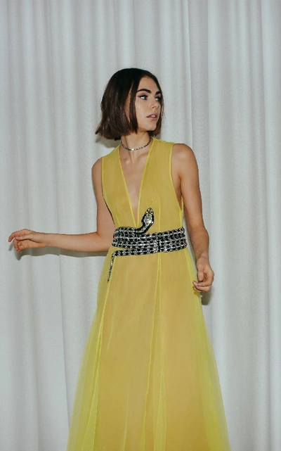 Shop Cucculelli Shaheen Marcasite Embroidered Tulle Gown In Yellow