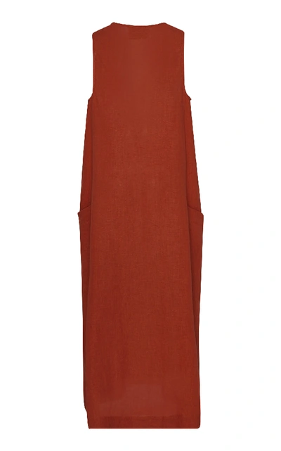 Shop Asceno V-neck Linen Pocket Midi Dress In Red