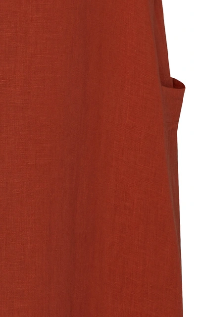 Shop Asceno V-neck Linen Pocket Midi Dress In Red