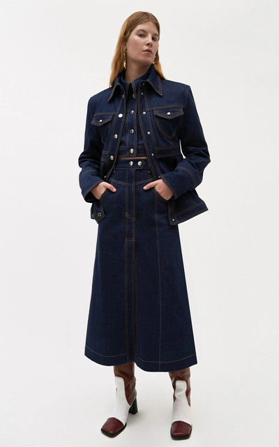 Shop Ellery Traffic Panelled Denim Midi Skirt In Navy