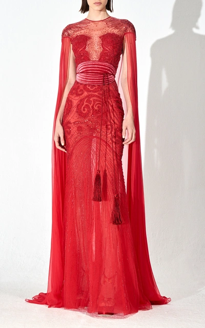 Shop Zuhair Murad Embroidered Tulle Cape Sleeve Gown In Red
