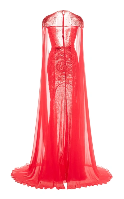 Shop Zuhair Murad Embroidered Tulle Cape Sleeve Gown In Red