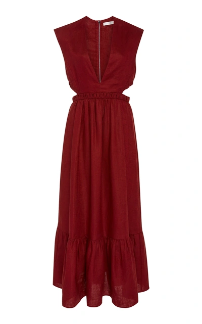 Shop Tibi Cutout Linen-canvas Midi Dress In Red