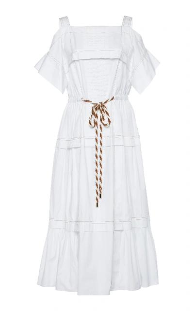 Shop Peter Pilotto Cold-shoulder Tiered Cotton-poplin Midi Dress In White