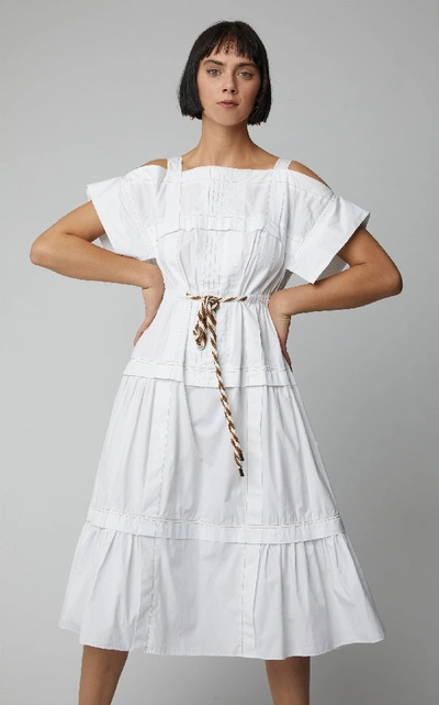 Shop Peter Pilotto Cold-shoulder Tiered Cotton-poplin Midi Dress In White