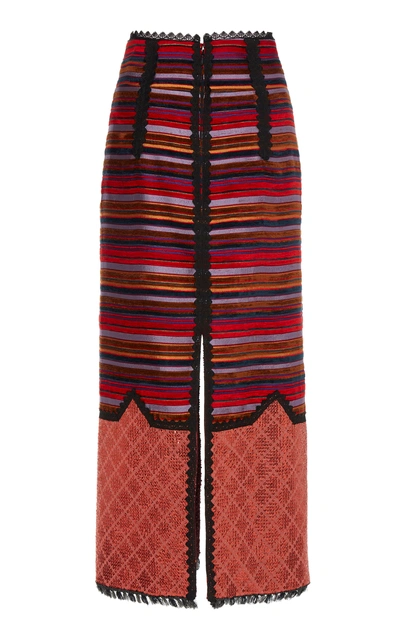Shop Costarellos Sequin-trimmed Fringed Cotton-blend Midi Skirt In Red