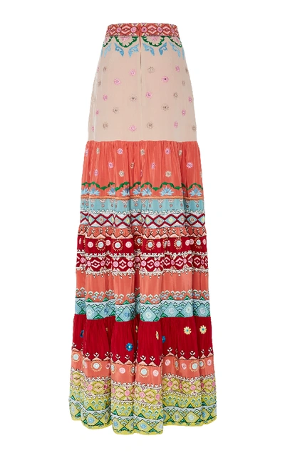Shop Saloni Isabel Tiered Embroidered Silk Maxi Skirt In Multi