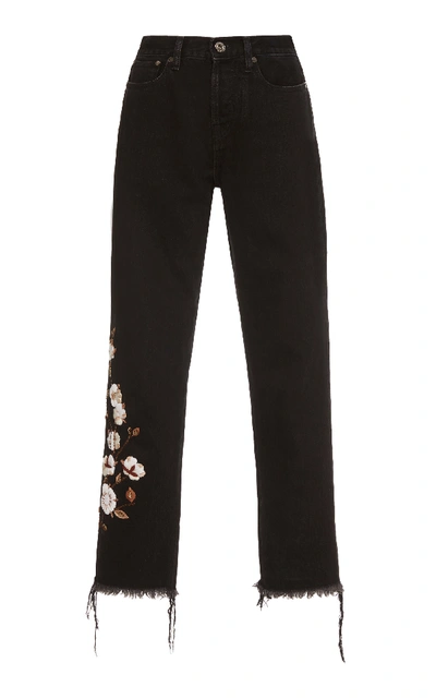 Shop Off-white Mid-rise Embroidered Cropped Straight-leg Jeans In Black