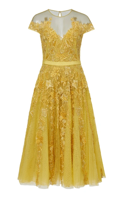 Shop Zuhair Murad Tiar Embroidered Silk-blend Tulle Midi Dress In Yellow