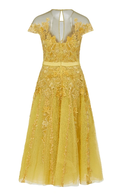 Shop Zuhair Murad Tiar Embroidered Silk-blend Tulle Midi Dress In Yellow