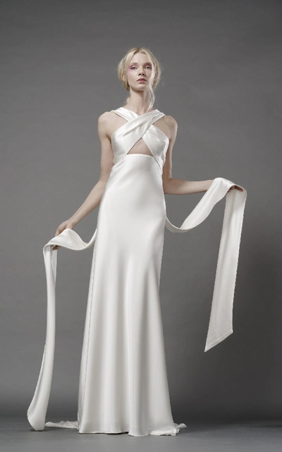 Shop Elizabeth Fillmore Harlow Silk Bias Gown With Banded Wrap Bodice In Ivory